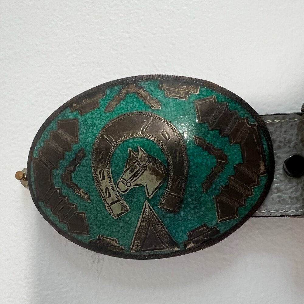 Vintage Al Paca belt buckle w/Vintage Tony Lama Belt Crushed turquoise inlay - Picture 1 of 11